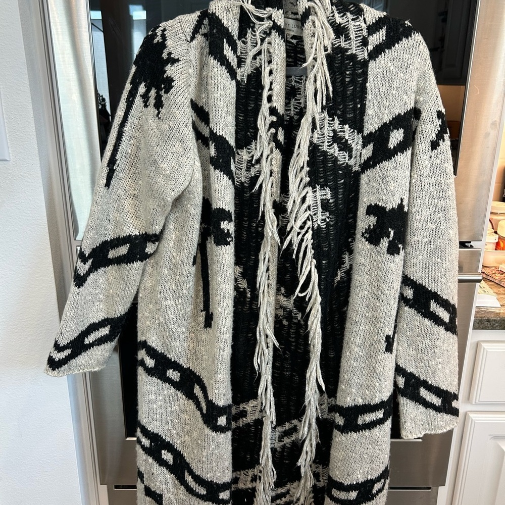 Saltwater LUXE fringe/boho/tribal cardigan, size L, slight piling but GUC